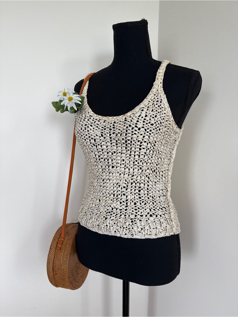 Handwoven Cream Crochet Knit Tank Top | One of a Kind - Picture 3 of 7